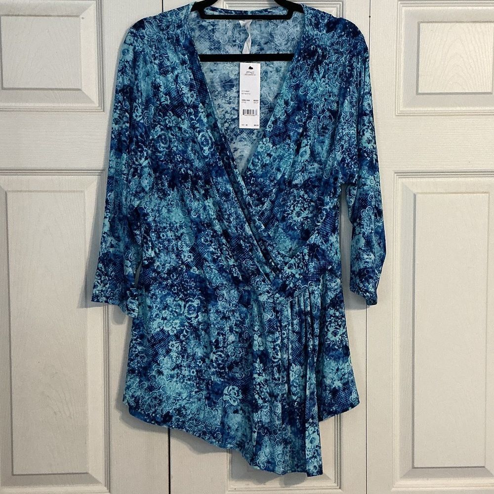 NY Collection Blue Floral Wrap Blouse Stretch Coastal Watercolor Office NWT 1X
